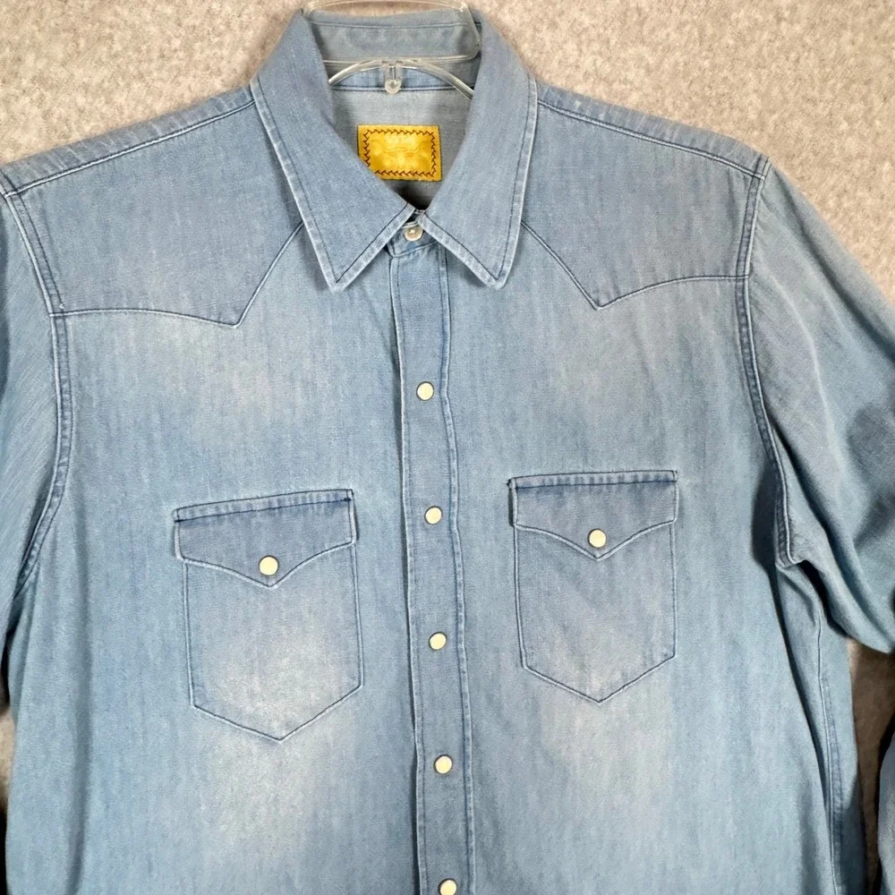 Wythe Western Washed Indigo Denim Long Sleeve Pearl Snap Large Mens L